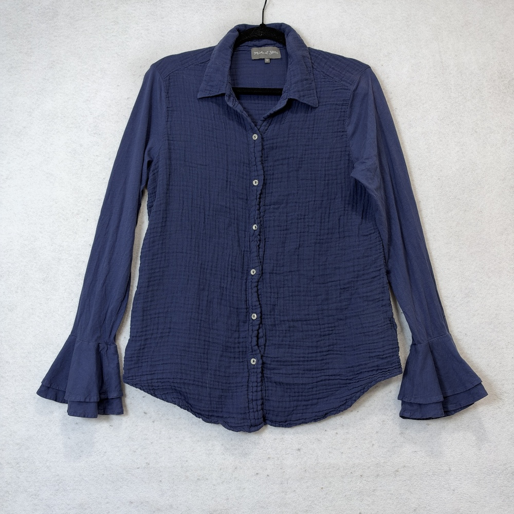 Michael Stars Shirt Womens Medium Blue 100% Cotton Button Front Bell Sleeve Top